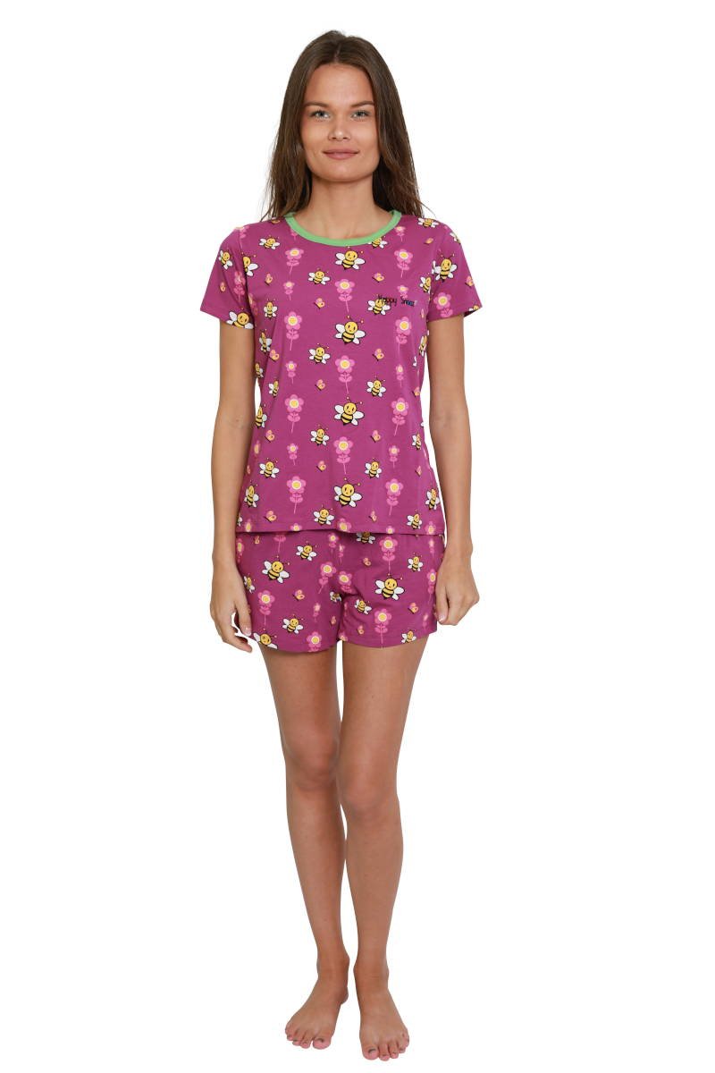 Paarse dames shortama met shirt in bijen en bloemen prints met lichtgroene accenten