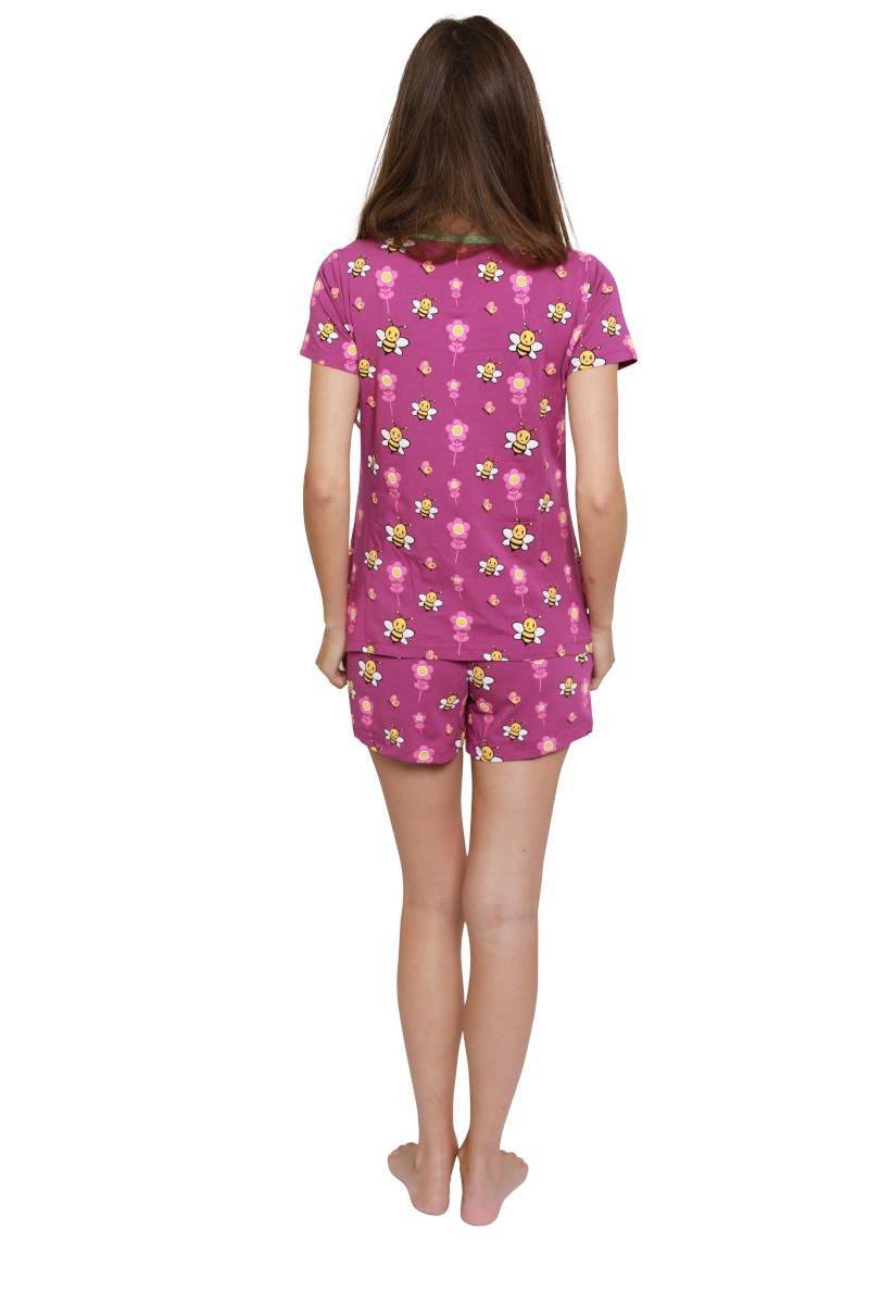 Paarse dames shortama met shirt. Lichtgroene borders - De achterkant